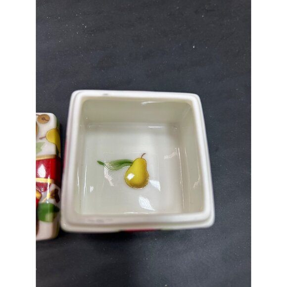 Tiffany & Co Holiday Trinket Box 2"x2" Ceramic With Red Bow & Fruit Design - Picture 6 of 11